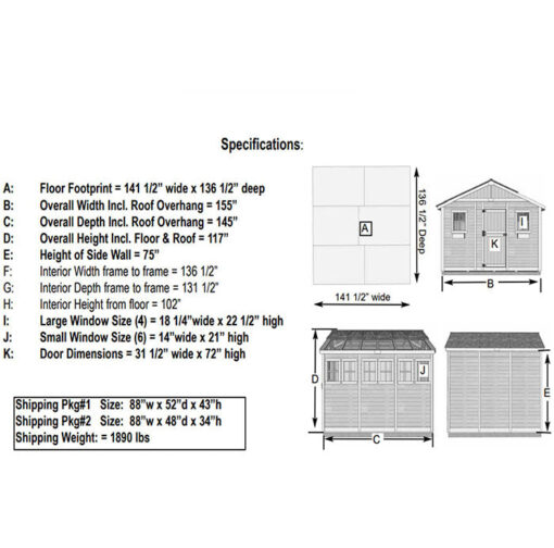 12x12 specs Sunshed Garden Shed