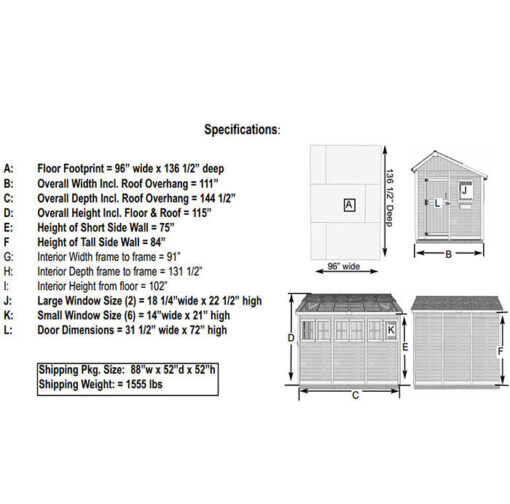 8x12 specs Sunshed Garden Shed