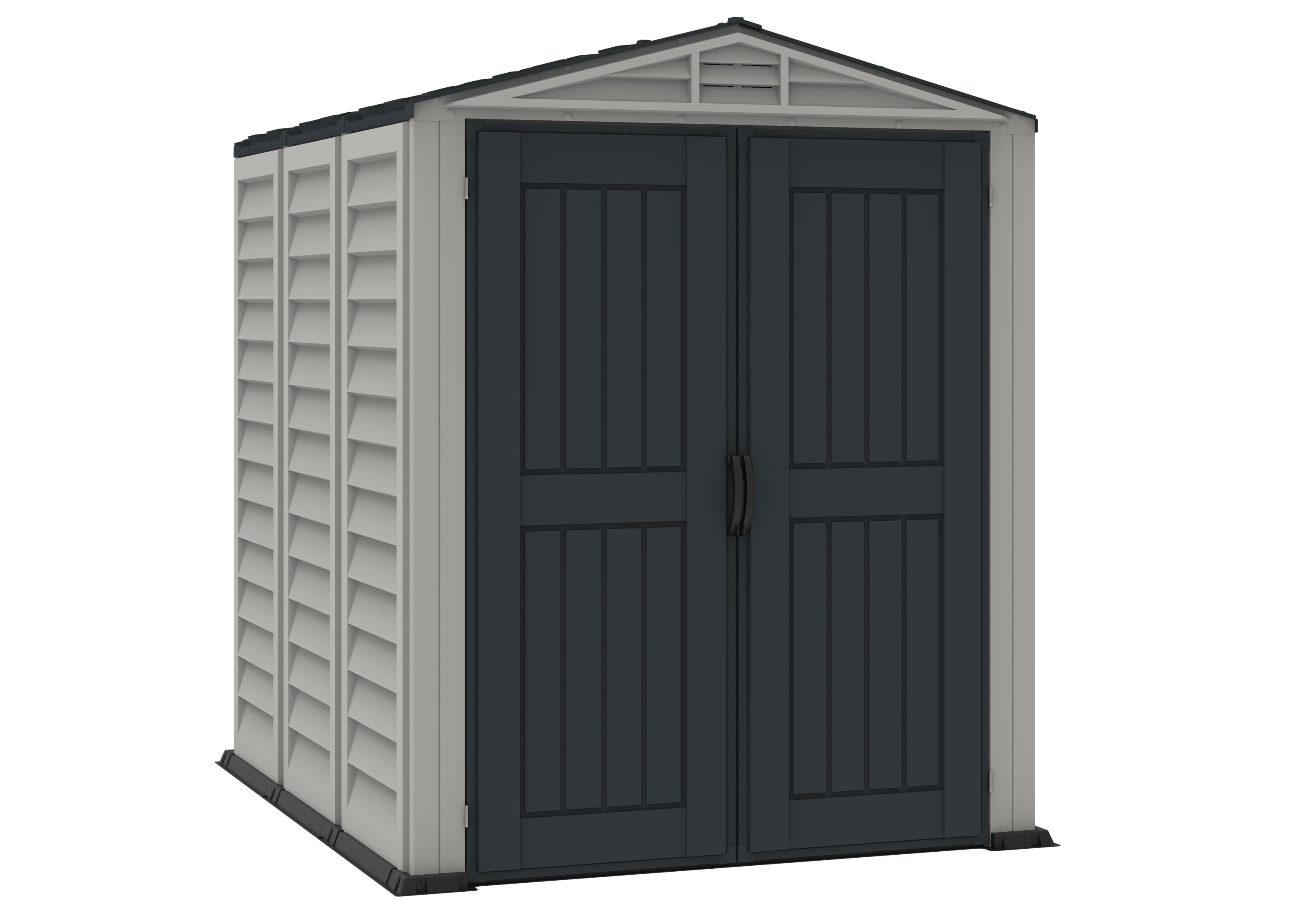 Duramax YardMate Plus 5x8 shed in anthracite color with white trim, closed doors view, ideal for backyard storage.