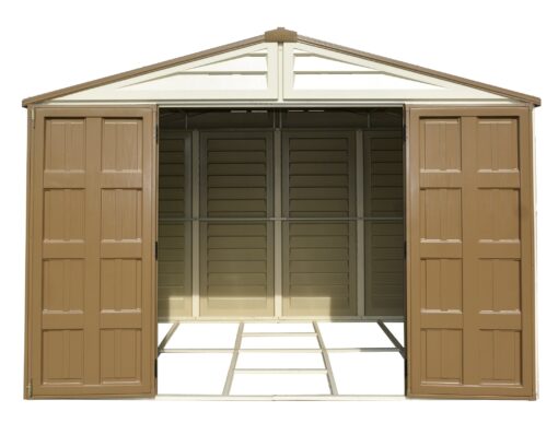 Duramax 10.5x8 Woodbridge Plus w Foundation 40214 front view doors opened