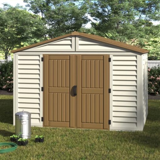 Duramax 10.5x8 Woodbridge Plus w Foundation 40214 placed outdoors doors closed