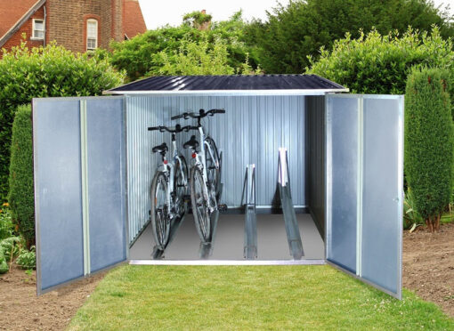Duramax Bicycle Storage Shed Anthracite w White Trim 73051 placed outdoors with two bikes