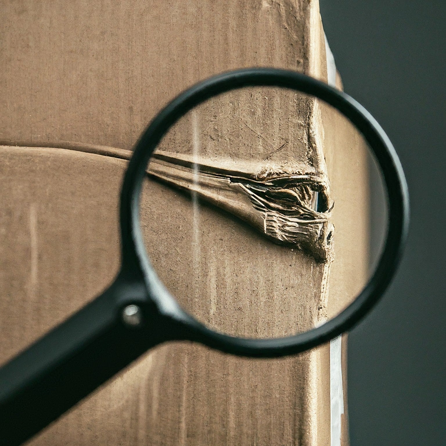 A close-up of a hand lens. The hand lens is a small magnifying glass with a round lens set in a metal frame. The handle is black and made of plastic.