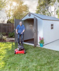 Lifetime 8x15 Outdoor Storage Shed 60075 man with lawnmower