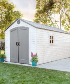 Lifetime 8x15 Outdoor Storage Shed 60075 on a backyard