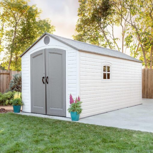 Lifetime 8x15 Outdoor Storage Shed 60075 on a backyard