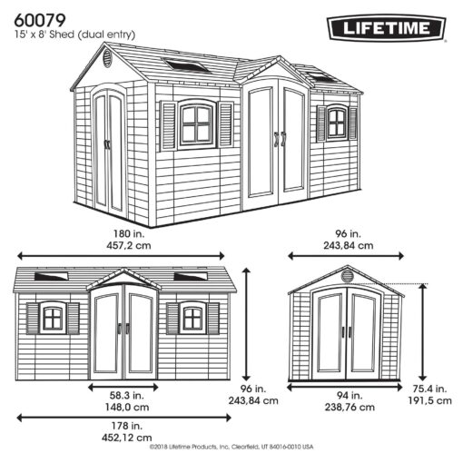 Lifetime 15 Ft. x 8 Ft. Outdoor Storage Shed 60079 dimensions