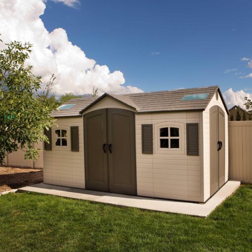 Lifetime 15 Ft. x 8 Ft. Outdoor Storage Shed 60079 in the backyard