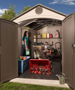 Lifetime 15 Ft. x 8 Ft. Outdoor Storage Shed 60079 with woman inside