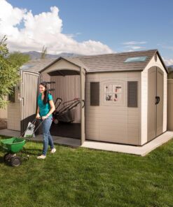 Lifetime 15 Ft. x 8 Ft. Outdoor Storage Shed 60079 with woman mowing