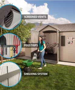 Lifetime 15 Ft. x 8 Ft. Outdoor Storage Shed 60079 with woman with features