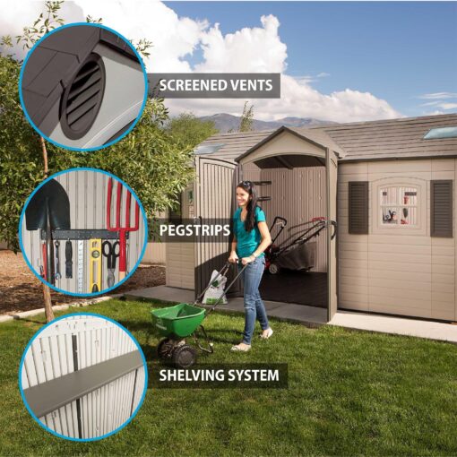Lifetime 15 Ft. x 8 Ft. Outdoor Storage Shed 60079 with woman with features