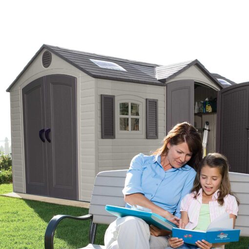 Lifetime 15 Ft. x 8 Ft. Outdoor Storage Shed 60079 woman and girl reading outside