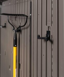 Lifetime 15 Ft X 8 Ft Outdoor Storage Shed 60318 with rake hanging