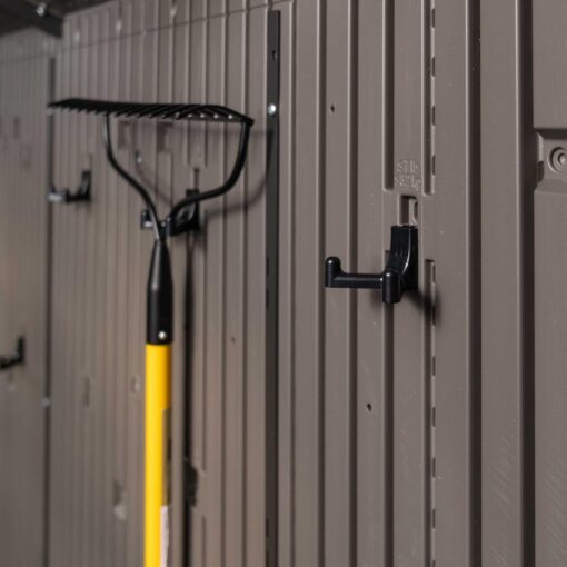 Lifetime 15 Ft X 8 Ft Outdoor Storage Shed 60318 with rake hanging