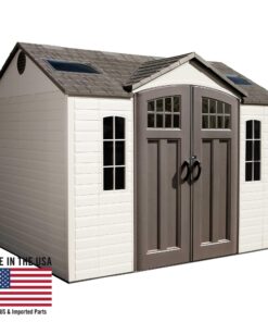 Lifetime Outdoor Storage Shed 60178 full view with USA flag