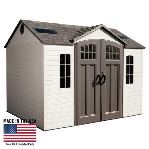 Lifetime Outdoor Storage Shed 60178 full view with USA flag