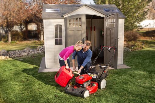 Lifetime Outdoor Storage Shed 60178 in use with family