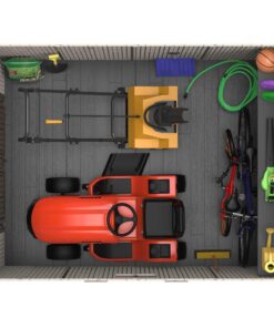 Lifetime Outdoor Storage Shed 60178 interior overhead view with vehicles and tools