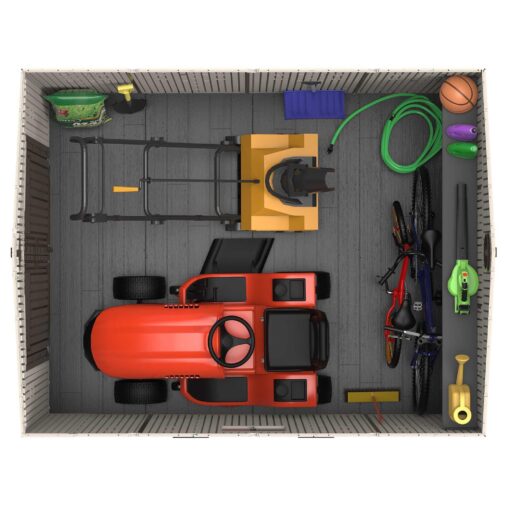 Lifetime Outdoor Storage Shed 60178 interior overhead view with vehicles and tools
