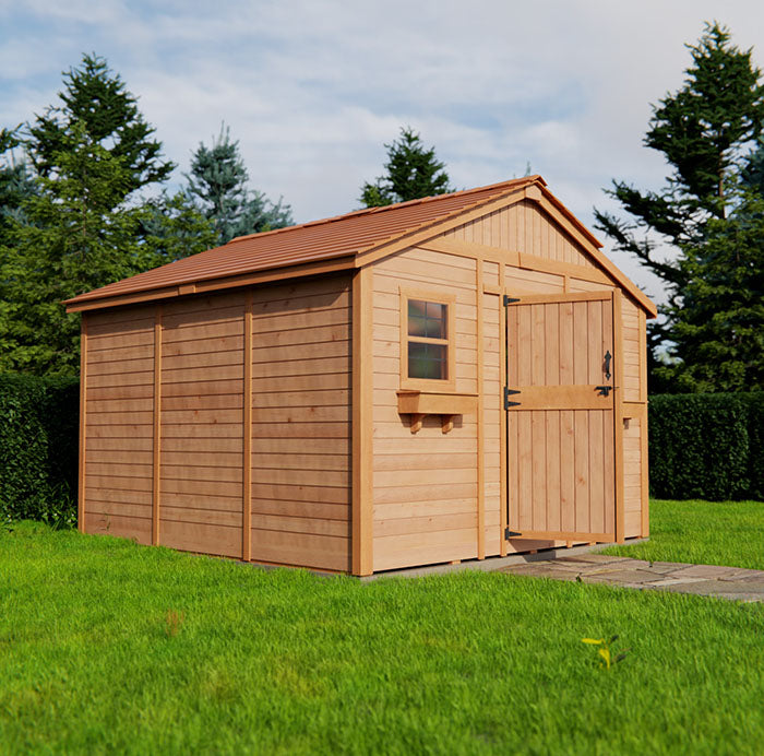 Side view of the cedar wooden Sunshed Shed, 12x12, displaying fine craftsmanship and nestled in a natural, grassy landscape.