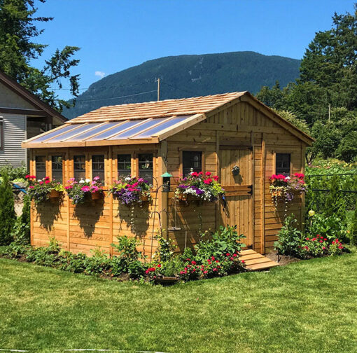 Sunshed Garden Shed 12x12 with hanging flowers