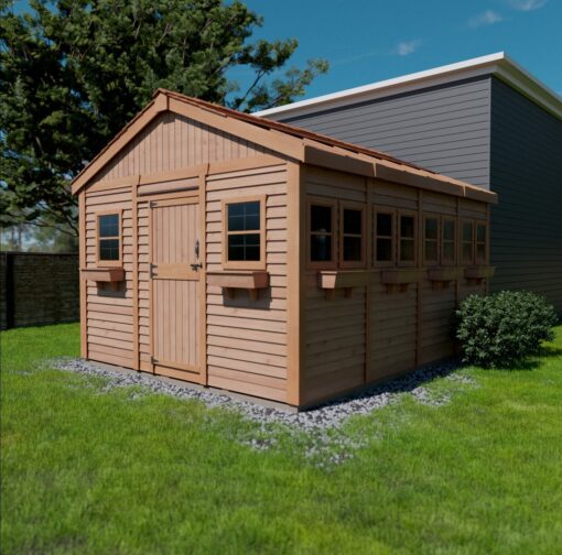 Wooden Sunshed Garden Shed 12x16 grassy area 1