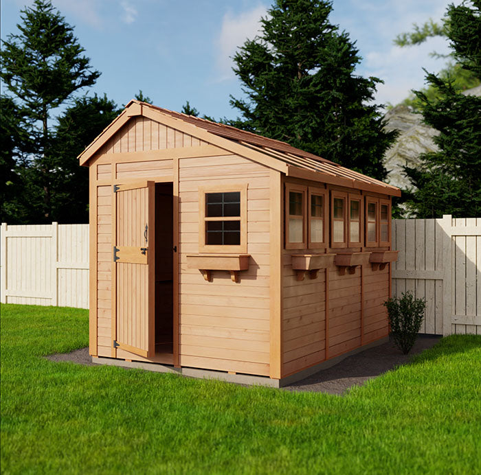 Open door view into a spacious 8x12 Sunshed garden shed made of natural cedar, revealing the bright interior and sturdy build